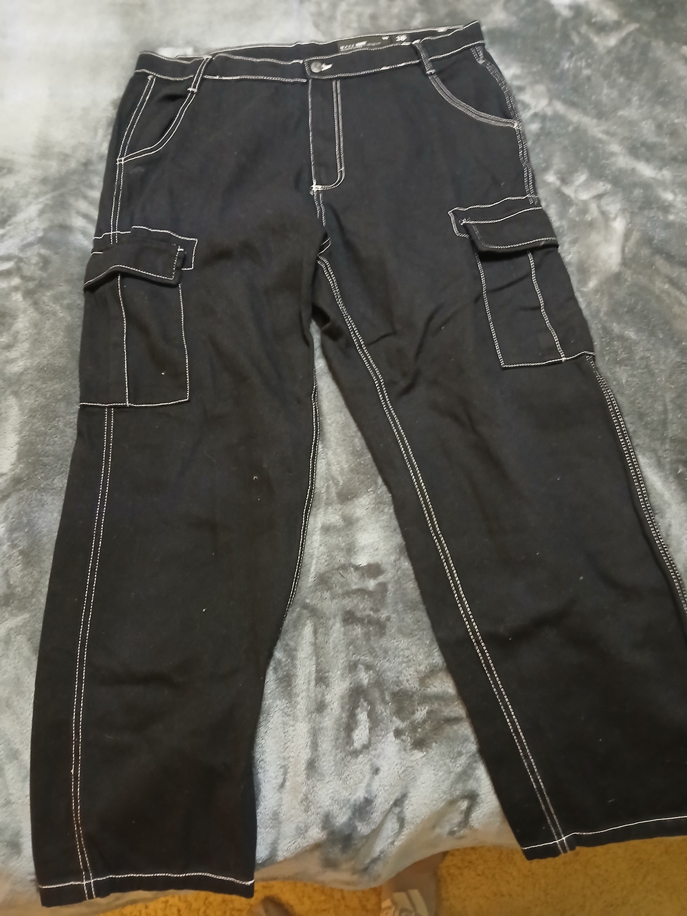 Men's Black Cargo Pants with White Contrast Stitching
